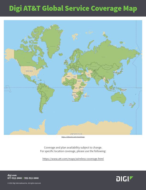 Mapa de cobertura del servicio global de Digi AT&T