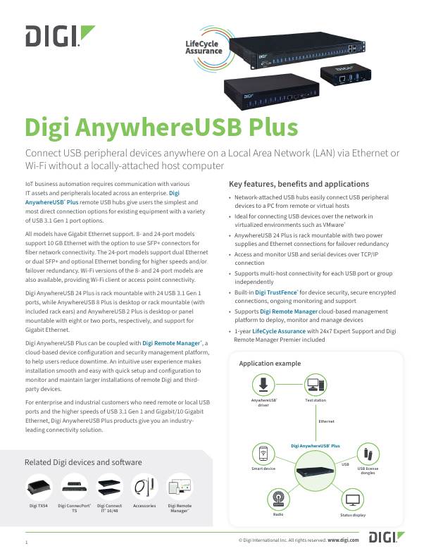 Hoja de datos de la familia Digi AnywhereUSB Plus