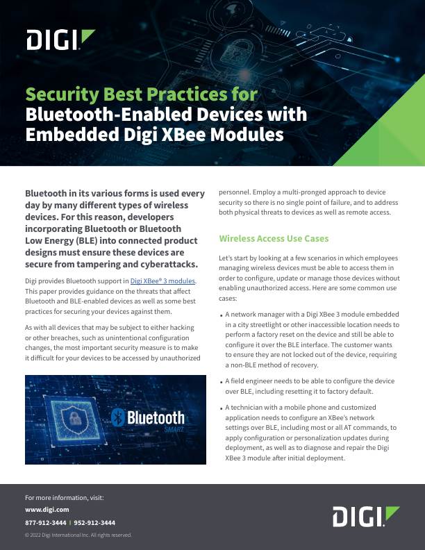Page de couverture des meilleures pratiques en matière de sécurité pour les appareils Bluetooth avec modules intégrés Digi XBee