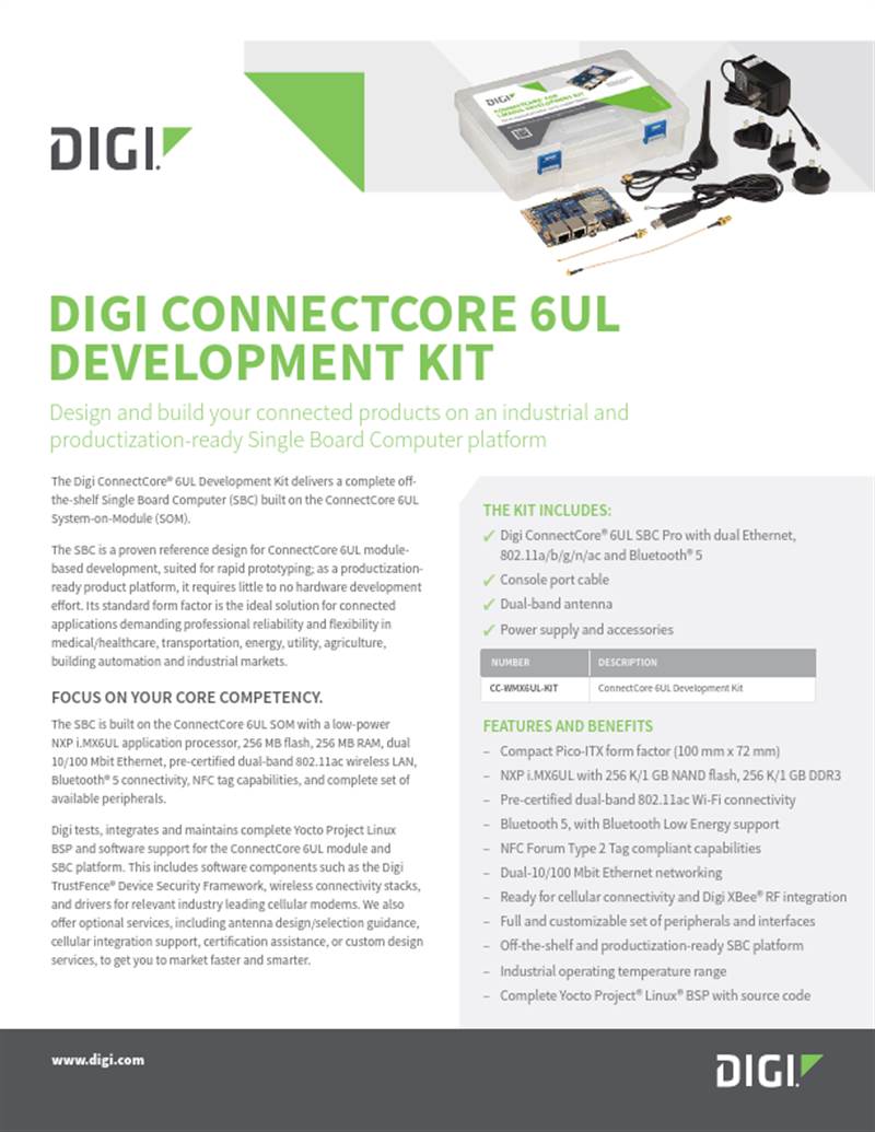 Digi ConnectCore 6UL 开发套件数据表