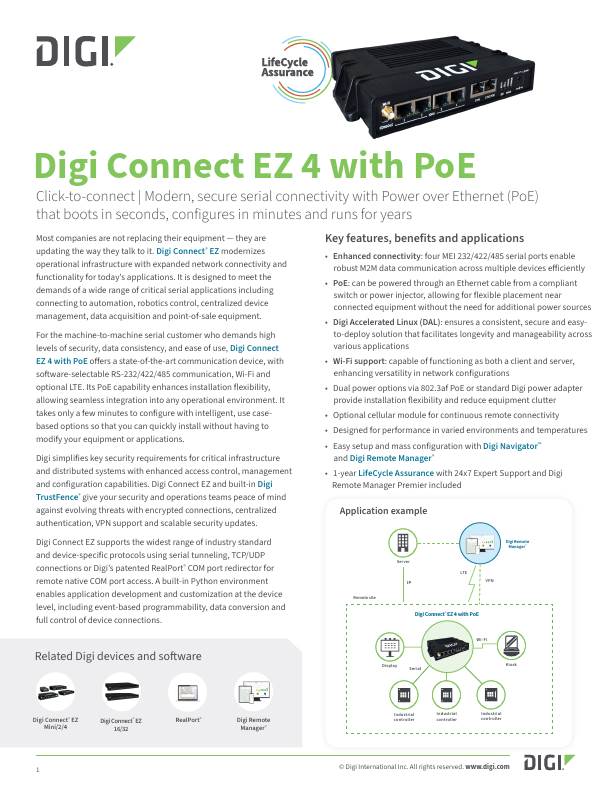 Digi Connect EZ 4 with PoE Datasheet cover page