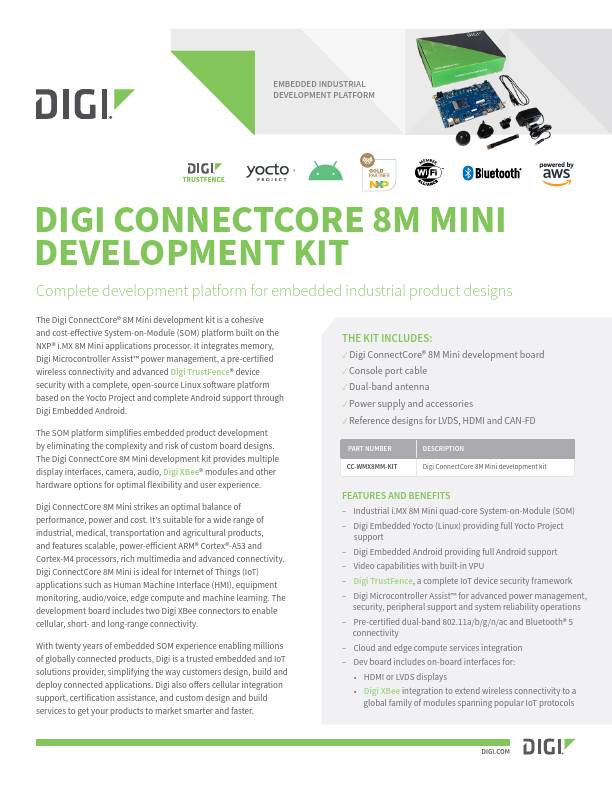 Page de couverture de la fiche technique du mini kit de développementDigi ConnectCore 8M