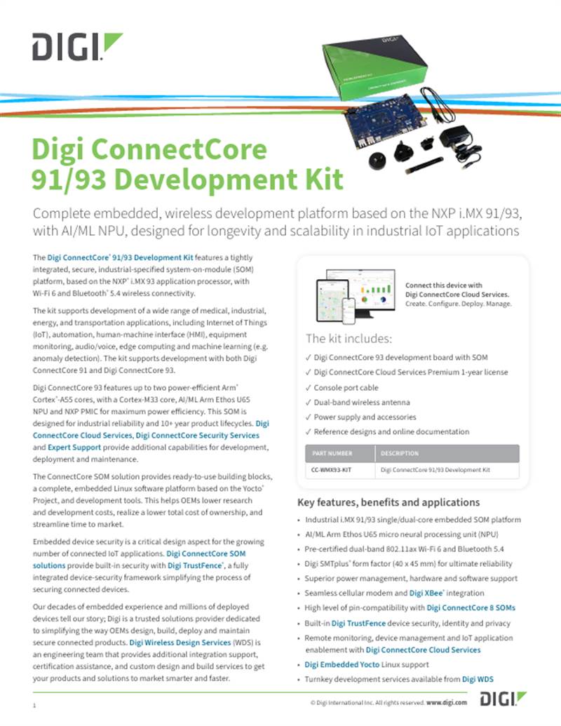 Digi ConnectCore 9 Datenblatt Entwicklungskit