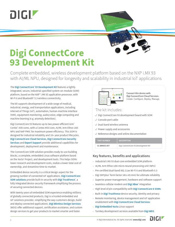 Digi ConnectCore 93 Entwicklungskit Datenblatt Deckblatt