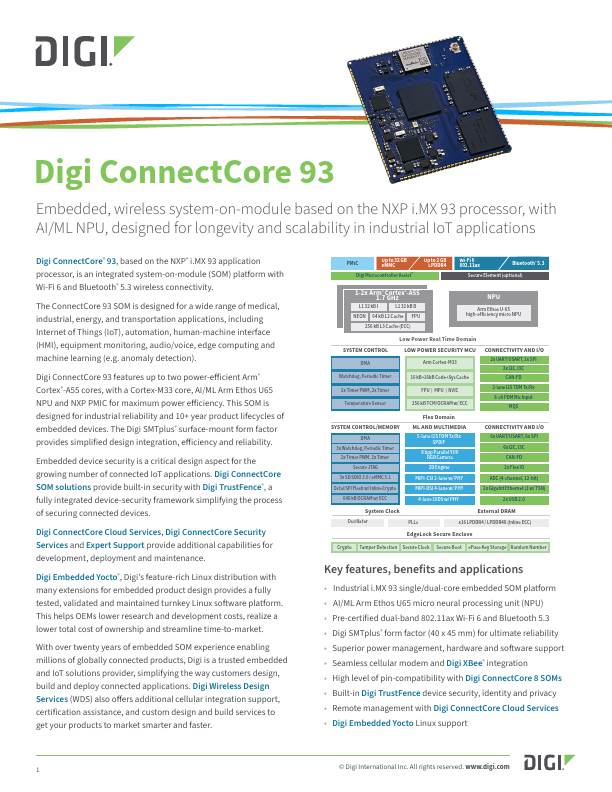 Digi ConnectCore 93 Datenblatt Deckblatt