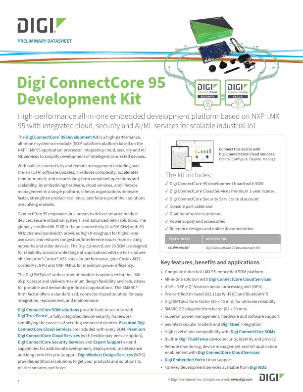 Digi ConnectCore 开发套件数据手册封面页