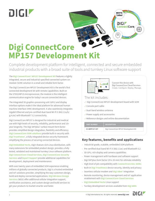 Digi ConnectCore Portada de la hoja de datos del kit de desarrollo MP157