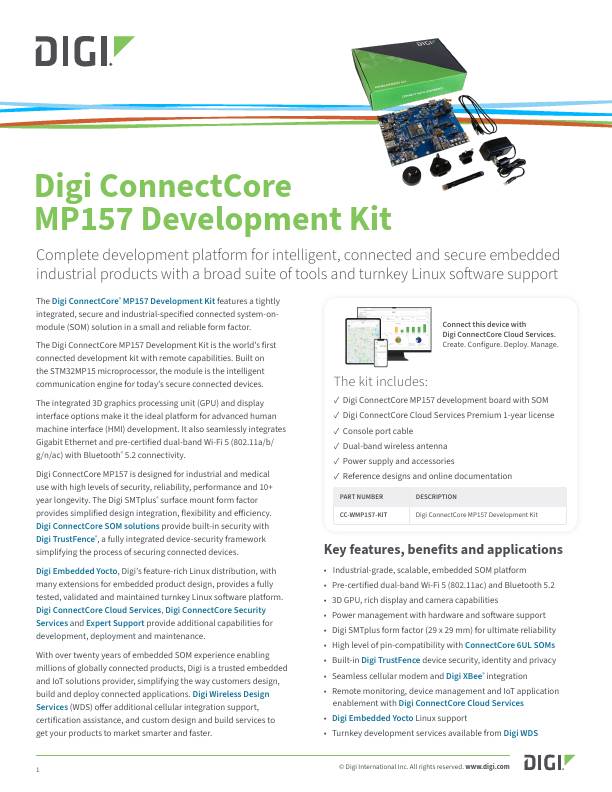 Digi ConnectCore Portada de la hoja de datos del kit de desarrollo MP157