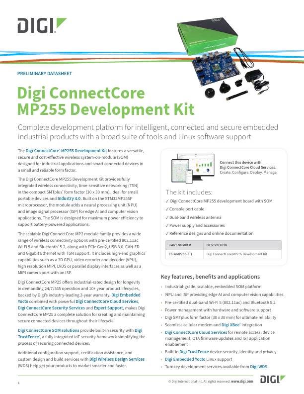 Digi ConnectCore MP255 Development Kit Datasheet cover page