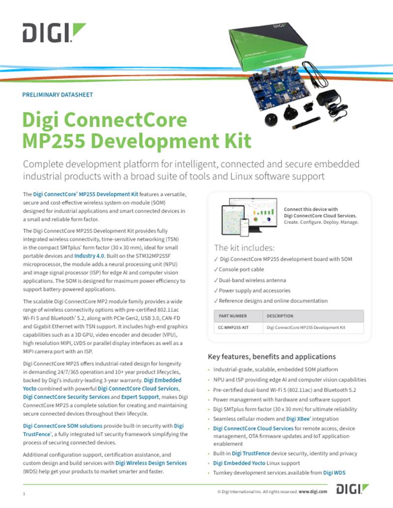 Digi ConnectCore MP255 Development Kit Datasheet