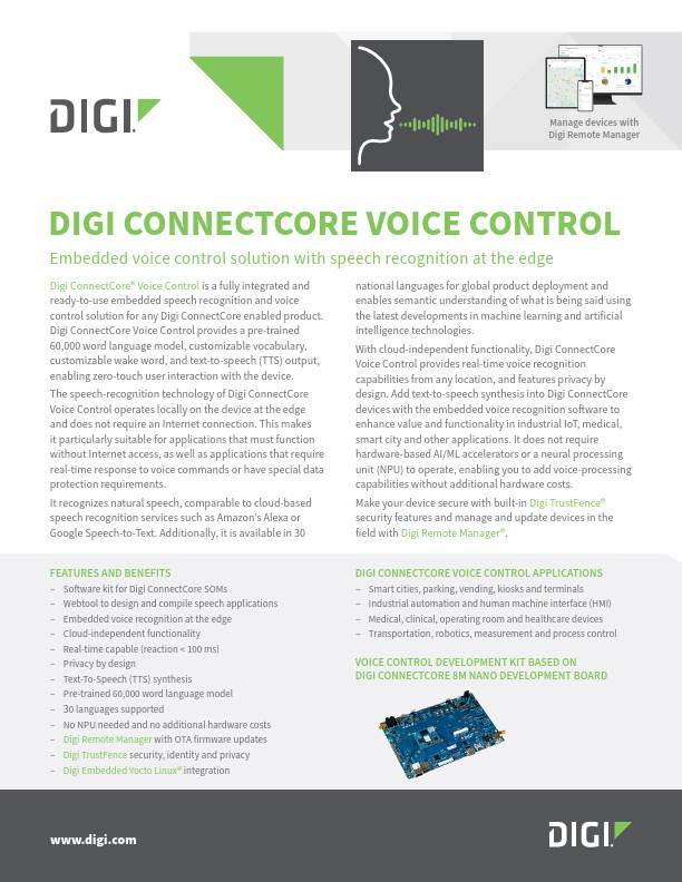 Digi ConnectCore Page de couverture de la fiche technique sur la commande vocale