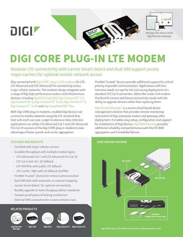 Digi CORE Plug-in LTE Modem Datasheet cover page