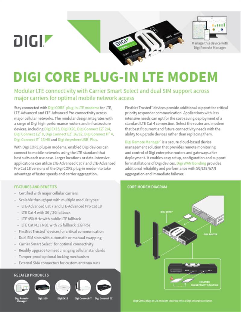 Digi CORE 插入式 LTE 调制解调器数据表
