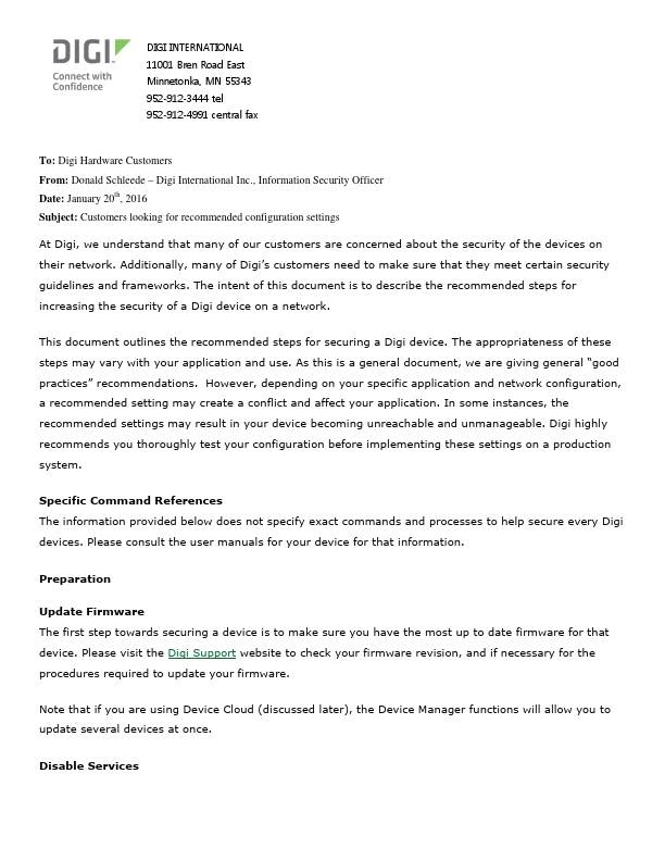 Recommended Steps for Securing a Digi Device cover page