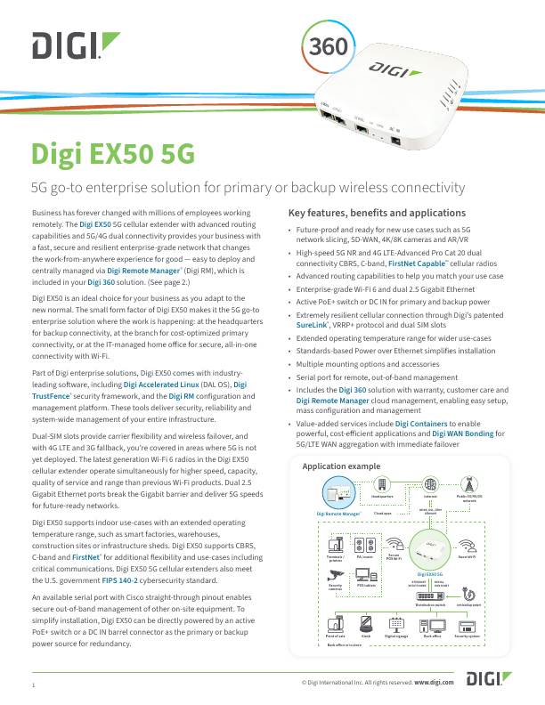 Portada de la hoja de datos del router celular Digi EX50 5G