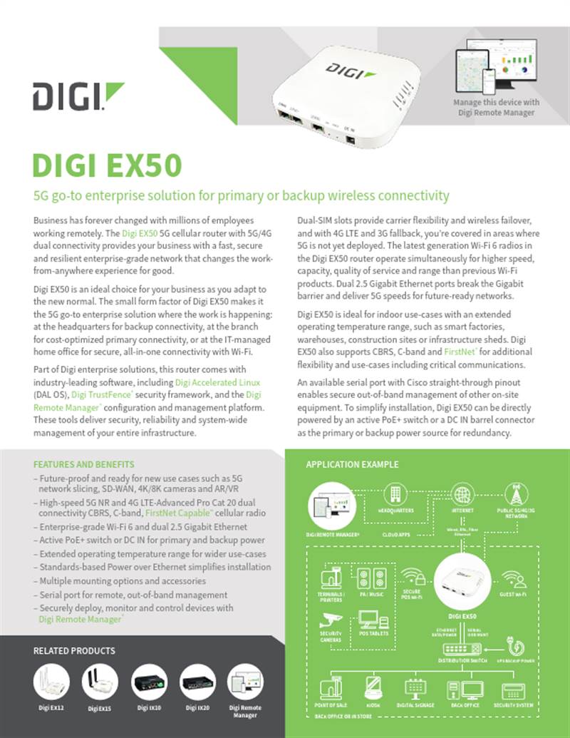 Digi EX50 5G 蜂窝路由器数据表