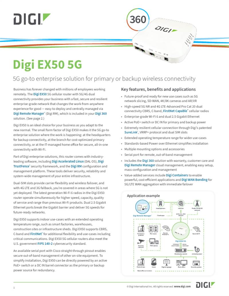 Digi EX50 5G 蜂窝路由器数据表