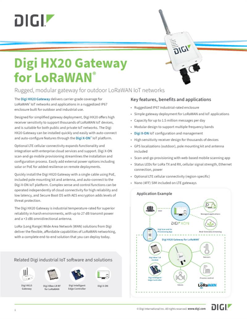 Fiche technique de la passerelle Digi HX20 pour LoRaWAN