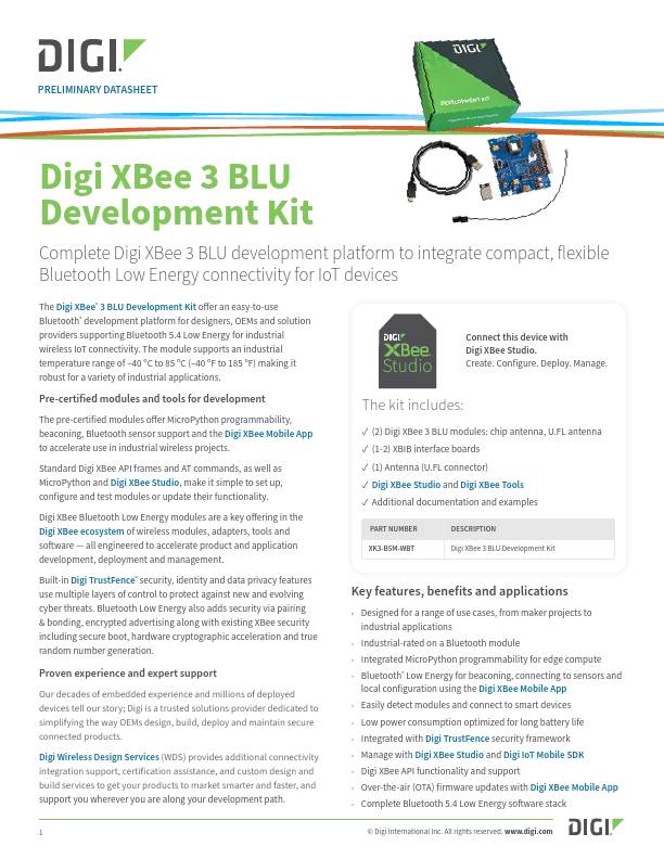 Digi XBee 3 BLU Development Kit Datasheet cover page