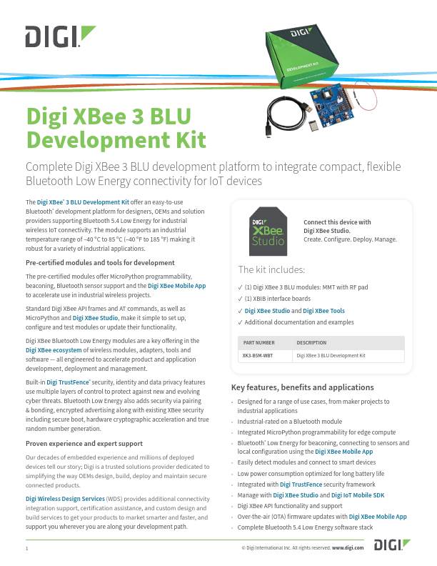 Digi XBee 3 BLU Development Kit Datasheet