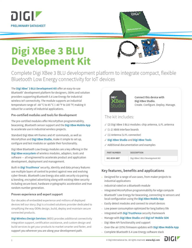 Digi XBee 3 BLU Development Kit Datasheet