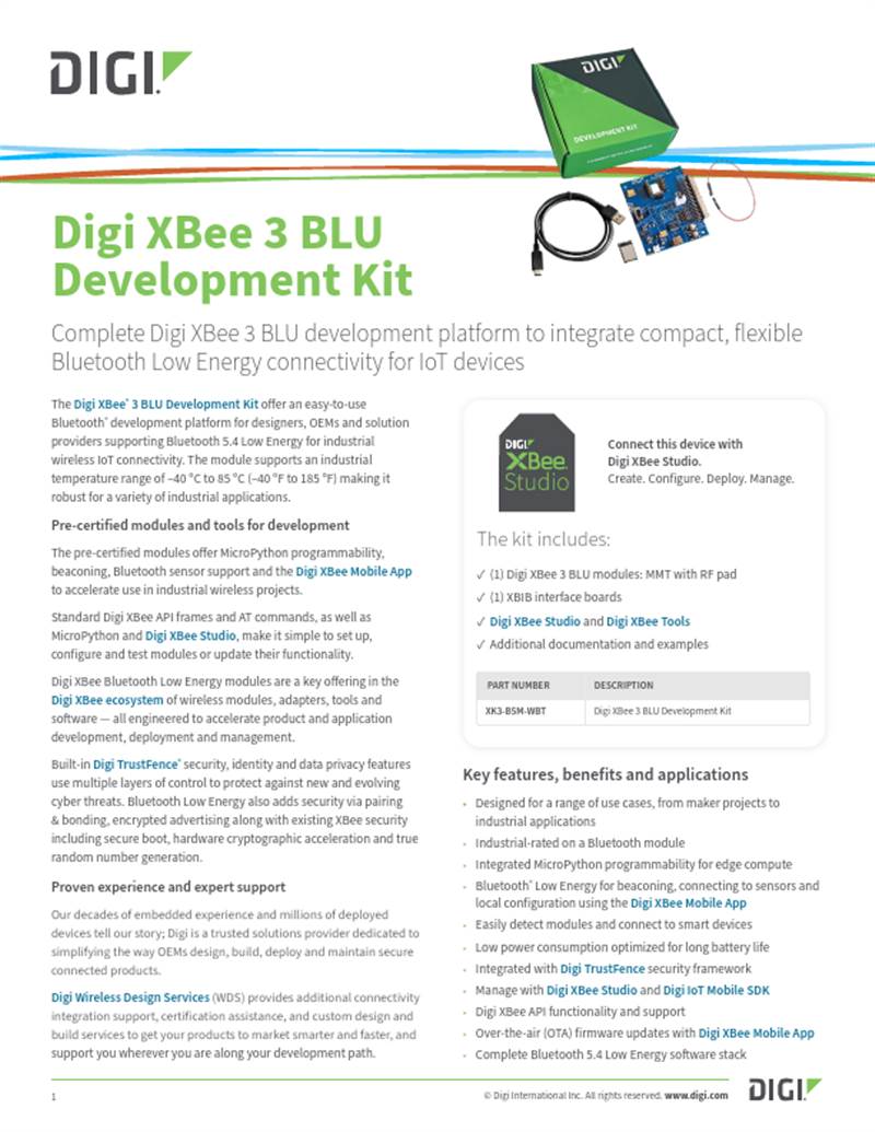 Digi XBee 3 Ficha técnica del kit de desarrollo BLU