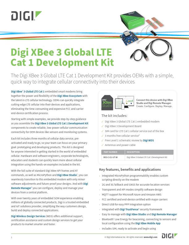 Digi XBee 3 全球 LTE Cat 1 开发套件数据表