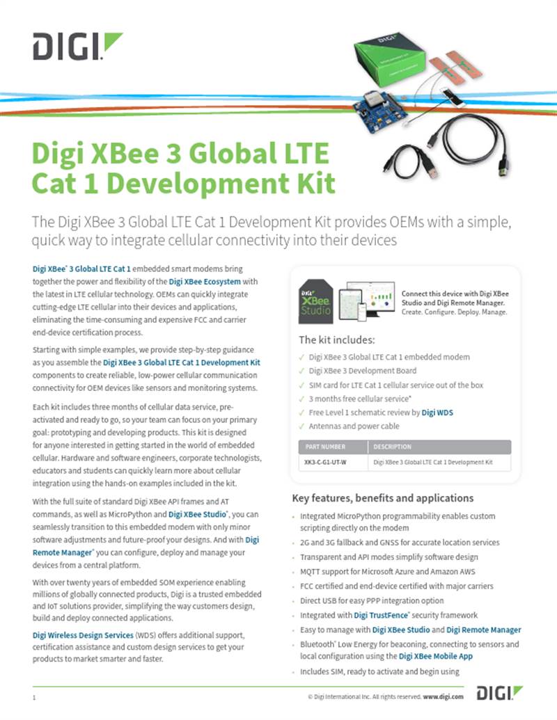 Digi XBee 3 全球 LTE Cat 1 开发套件数据表