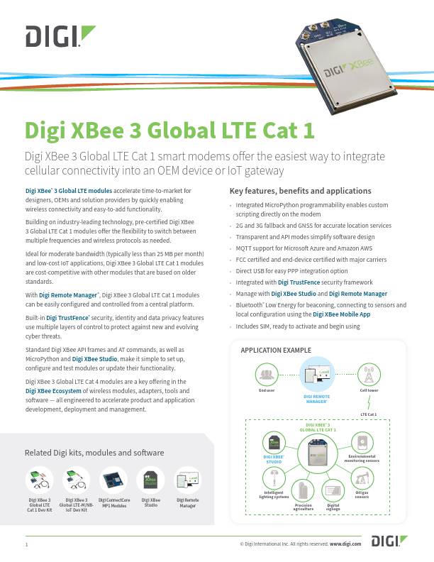 Digi XBee 3 Global LTE Cat 1 Datasheet cover page