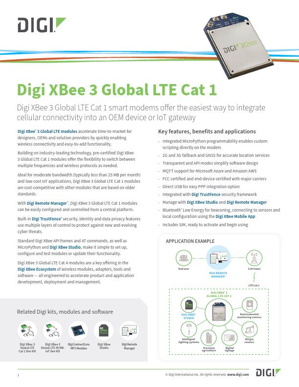 Digi XBee 3 全球 LTE Cat 1 数据表