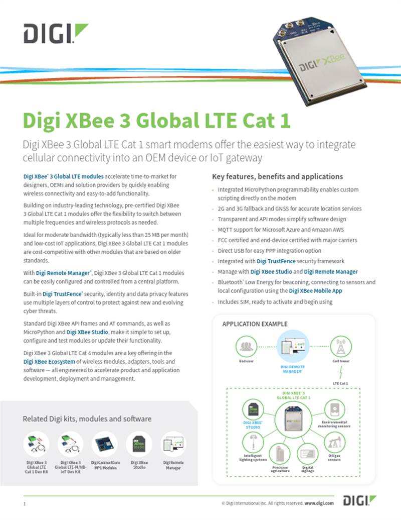 Digi XBee 3 Ficha técnica de Global LTE Cat 1