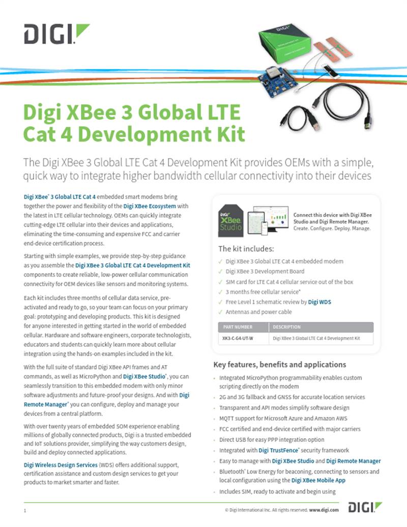 Digi XBee 3 全球 LTE Cat 4 开发套件数据表