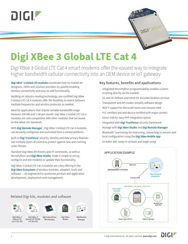 Digi XBee 3 Page de couverture de la fiche technique Global LTE Cat 4