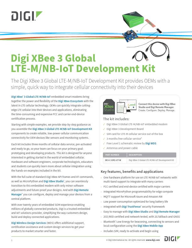 Digi XBee 3 Global LTE-M/NB-IoT 开发套件数据表