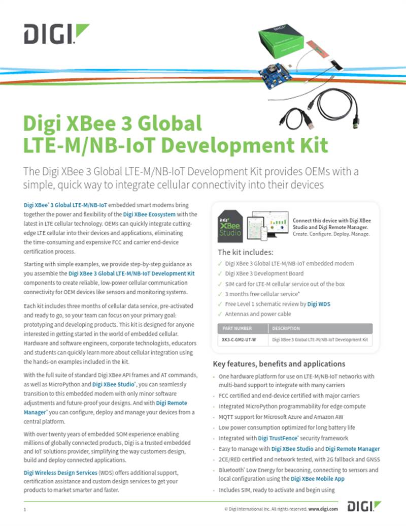 Digi XBee 3 Ficha técnica del kit de desarrollo global LTE-M/NB-IoT