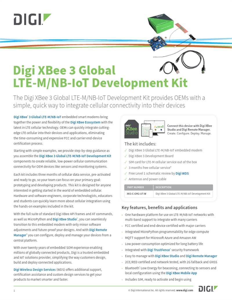 Digi XBee 3 Global LTE-M/NB-IoT 开发套件数据表