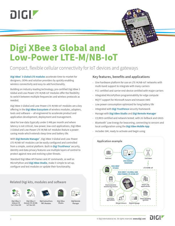 Digi XBee 3 Global LTE-M/NB-IoT Portada de la ficha técnica