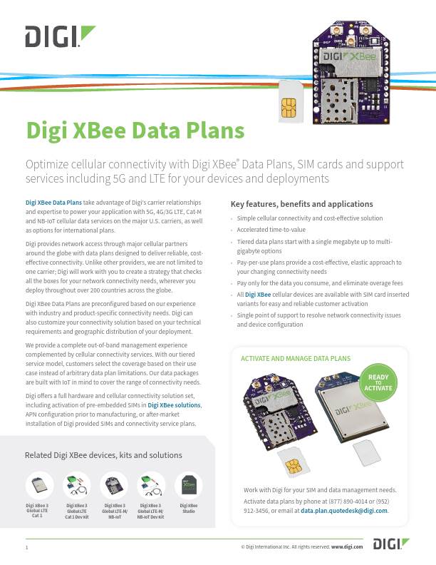 Digi XBee Datenpläne Datenblatt Deckblatt