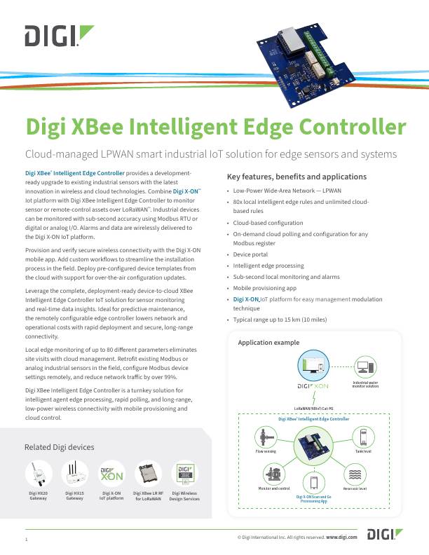 Digi XBee Portada de la hoja de datos del controlador Intelligent Edge