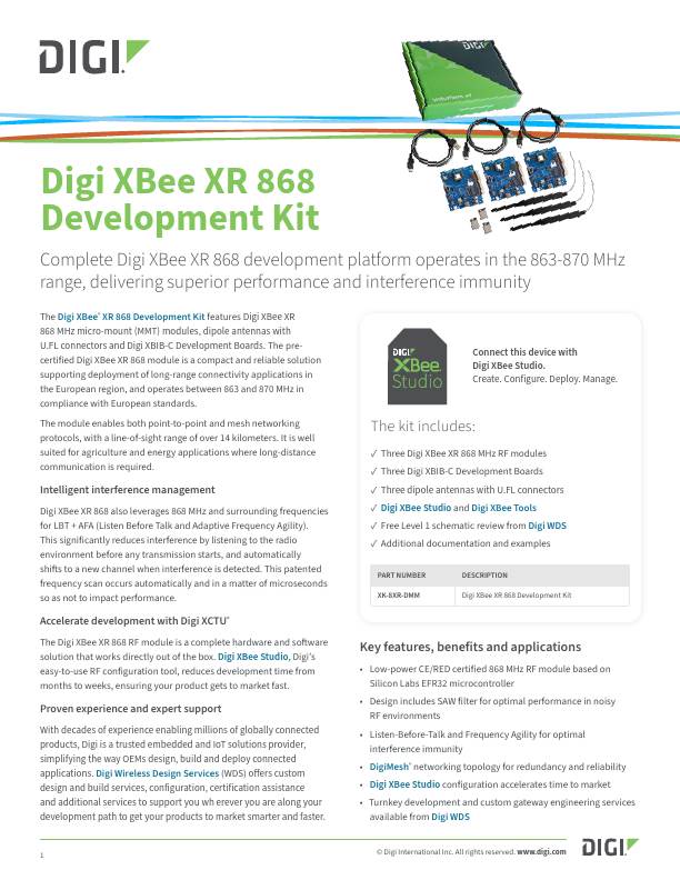 Digi XBee XR 868 Development Kit cover page