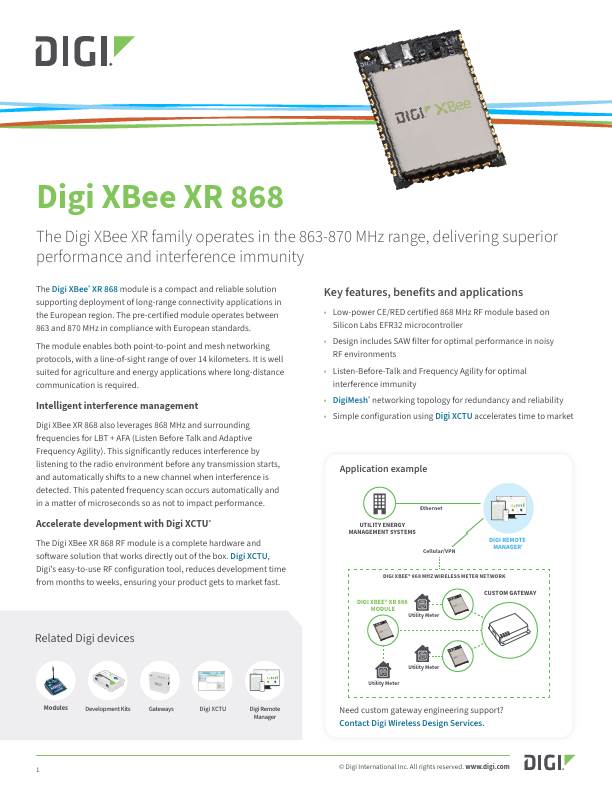 Digi XBee Carátula de la hoja de datos del XR 868