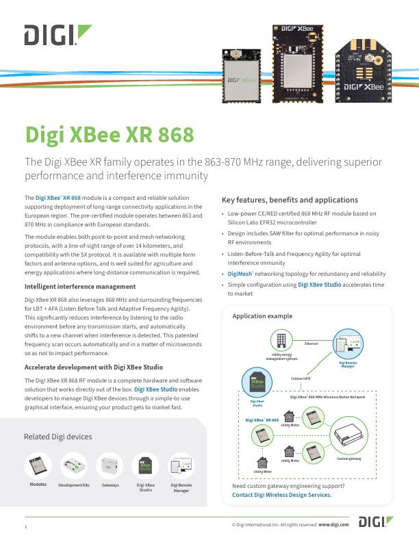 Digi XBee Page de couverture de la fiche technique du XR 868