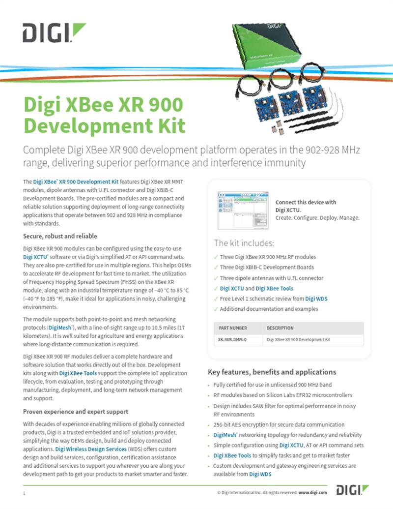 Digi XBee XR 900 Development Kit Datasheet