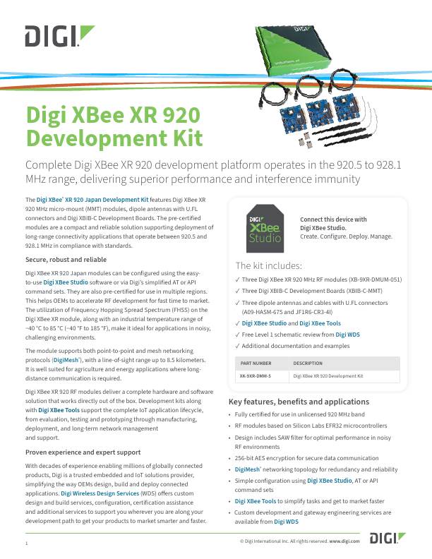 Digi XBee XR 920 Development Kit Datasheet cover page