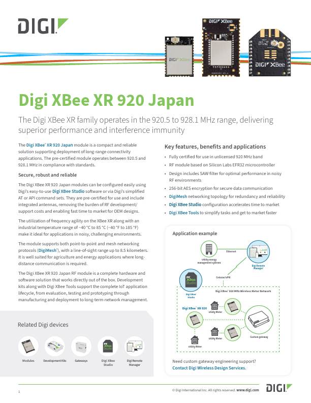 Digi XBee XR 920 Japan Feuille de données page de couverture