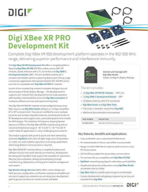 Digi XBee XR PRO Development Kit Datasheet cover page