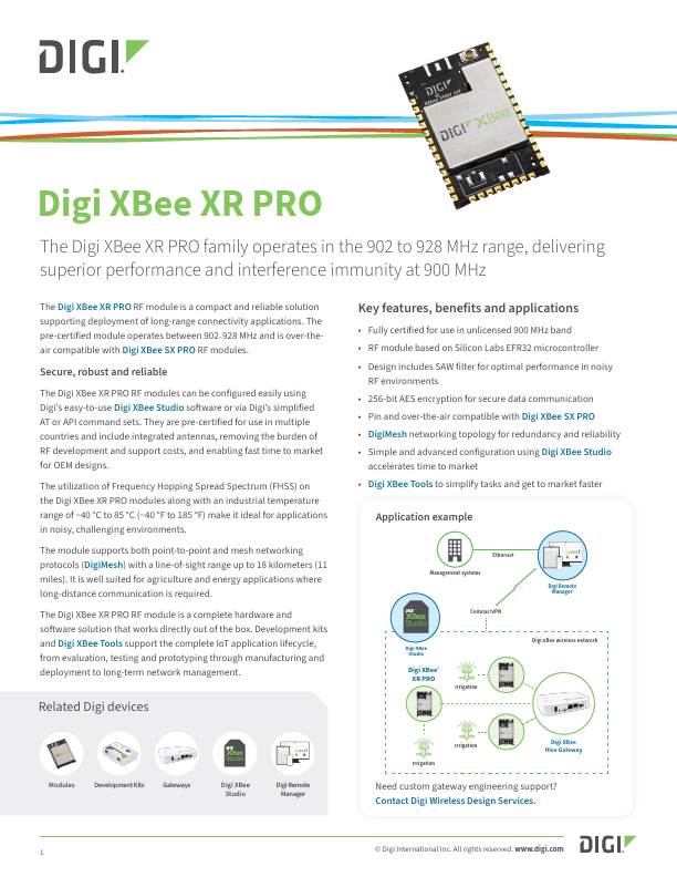 Digi XBee XR PRO Datasheet cover page