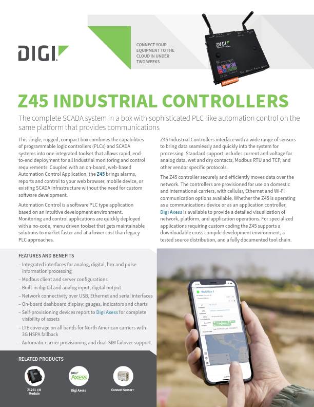 Page de couverture de la fiche technique des contrôleurs industriels Digi Z45