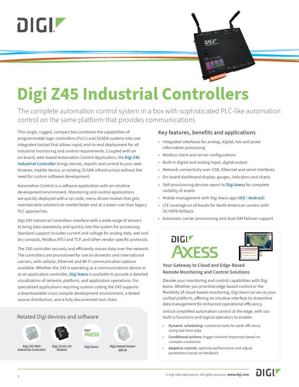 Digi Z45 Industrial Controllers Datenblatt Deckblatt