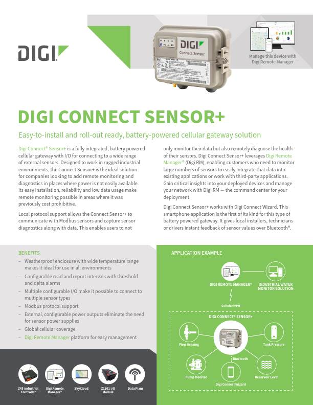 Page de couverture de la fiche technique du Digi Connect Sensor+.